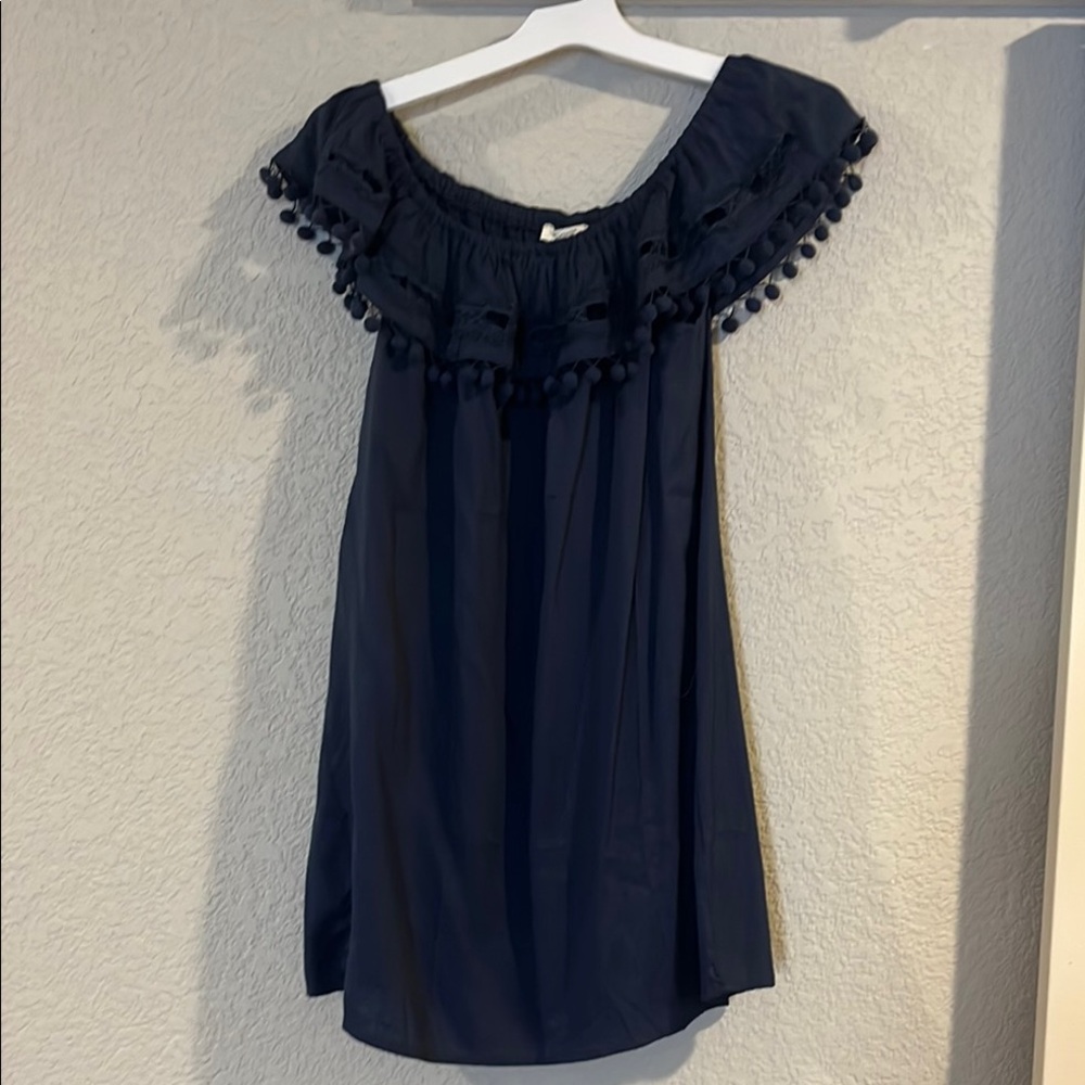 Navy Off-Shoulder Top with Pom-Pom Detail